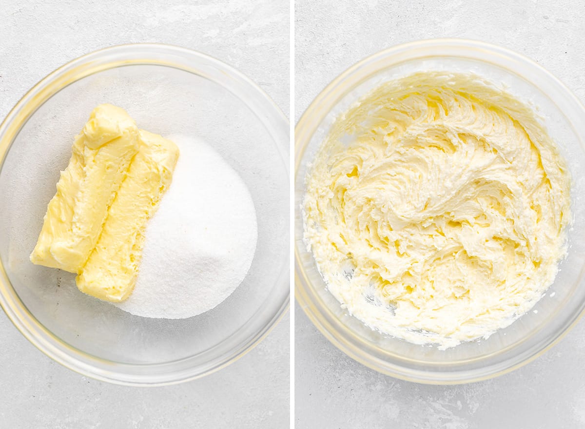 two photos showing beating butter and sugar together to make Lemon Curd Cookies