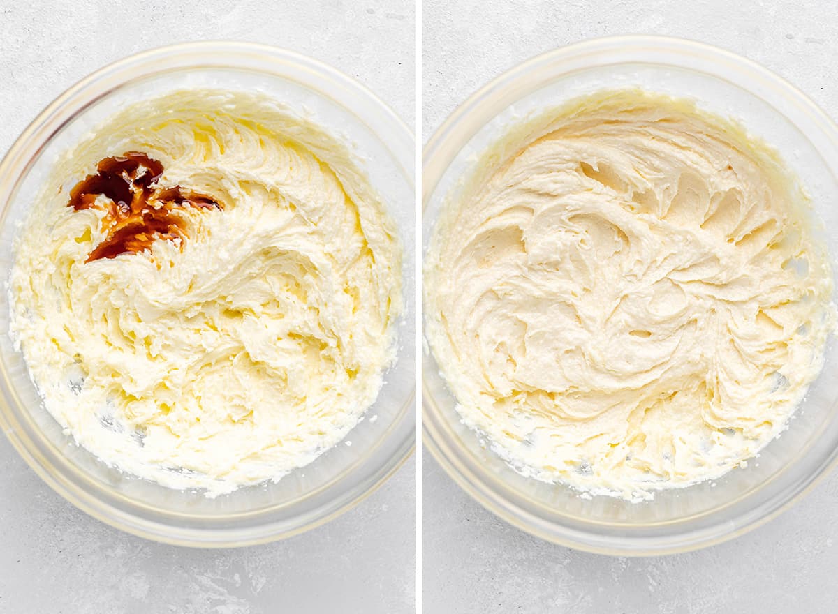 two photos showing adding vanilla to make Lemon Curd Cookies