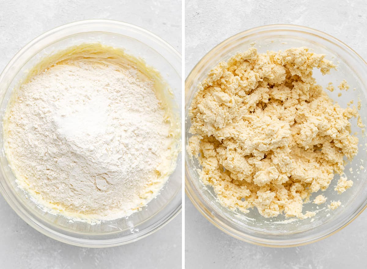 two photos showing how to make Lemon Curd Cookies - combining wet and dry ingredients