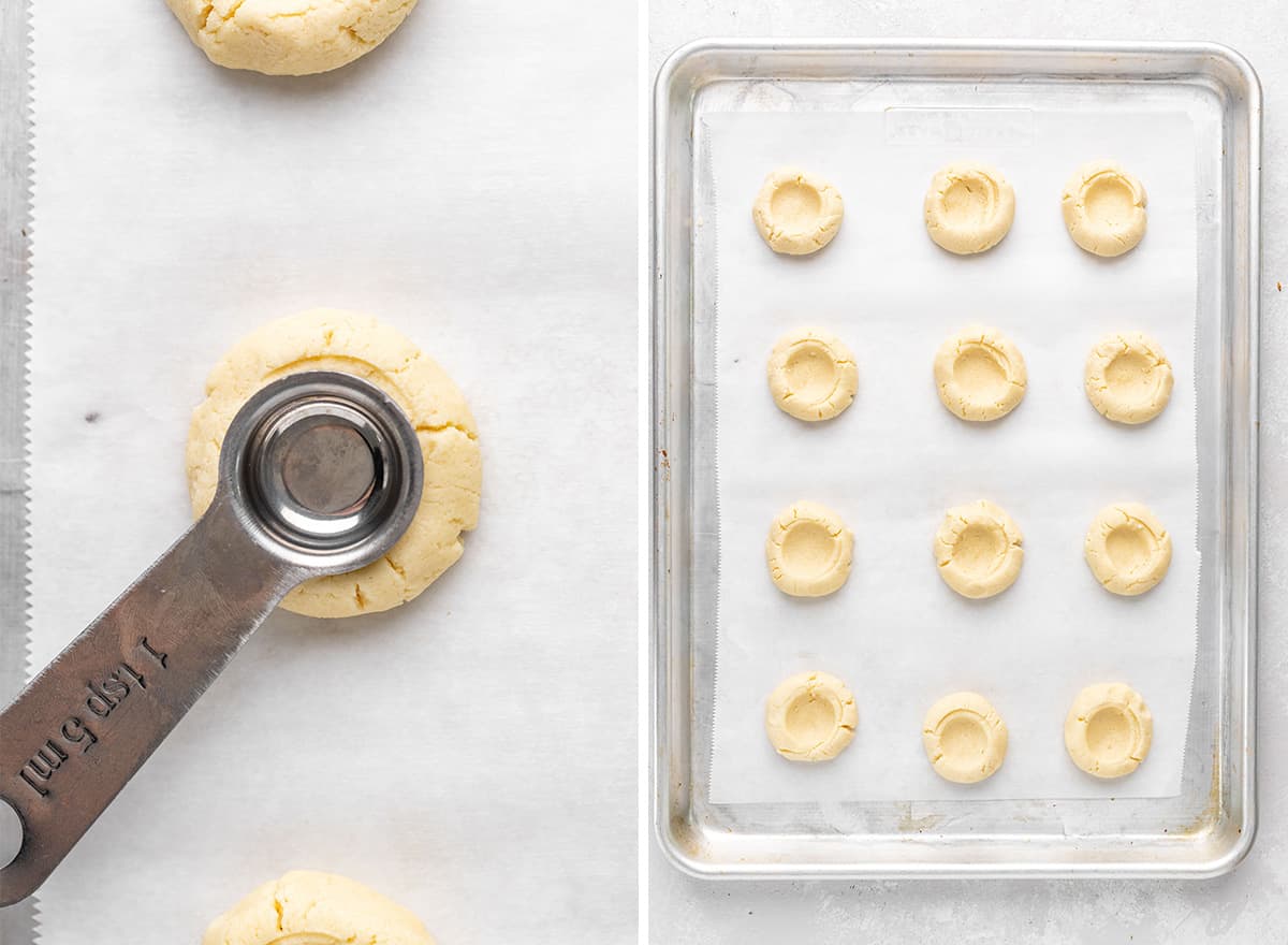 two photos showing how to make a well in the dough for Lemon Curd Cookies