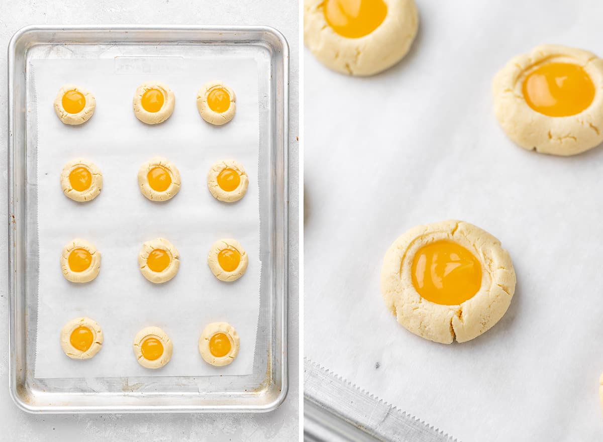 two photos showing how to fill thumbprint cookies with lemon curd