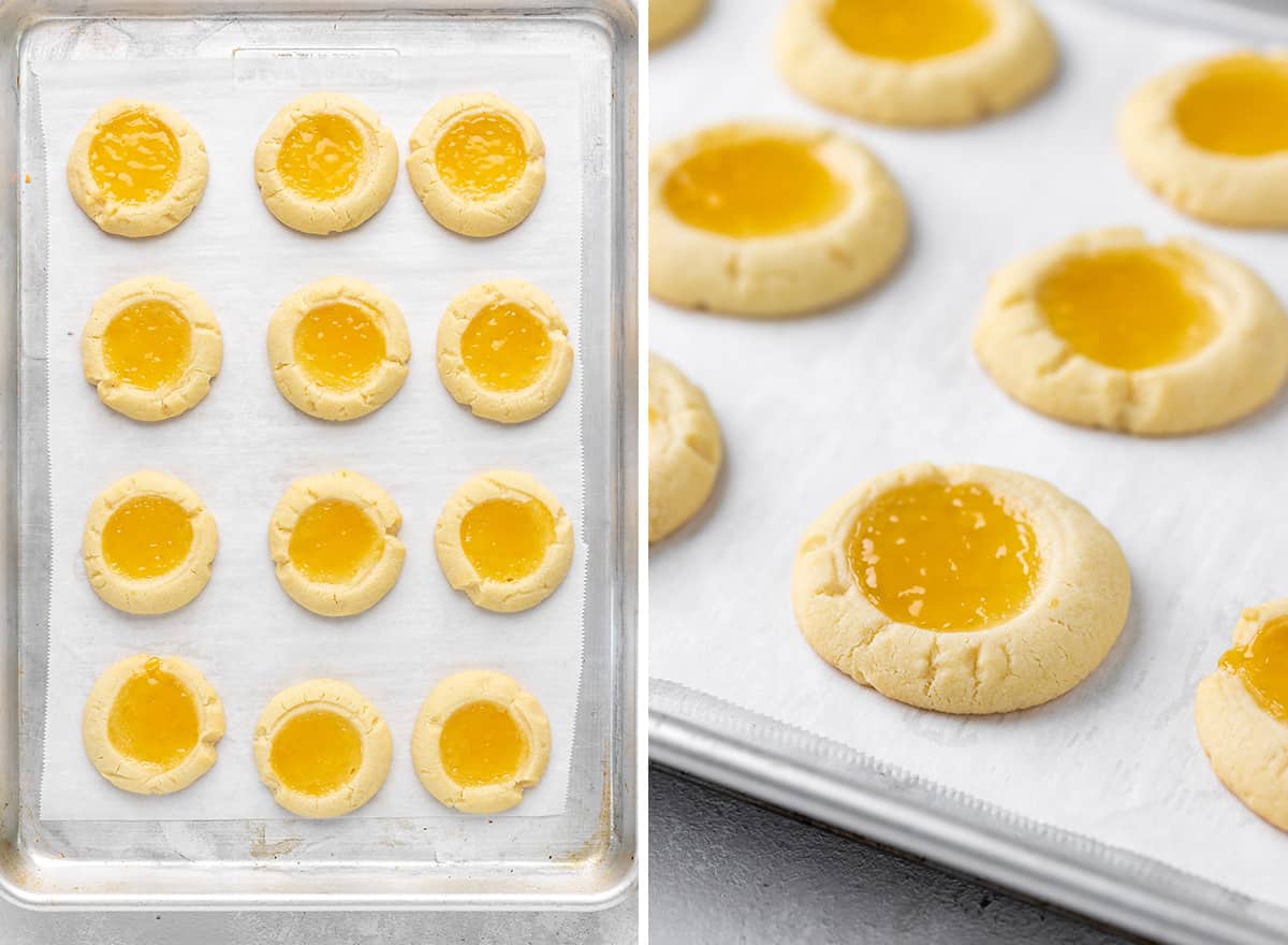two photos showing Lemon Curd Cookies on a baking sheet after baking
