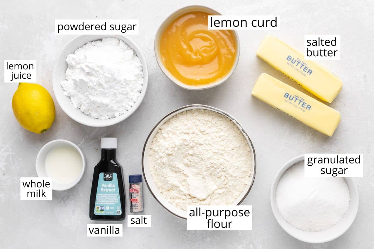 overhead photo of the labeled ingredients in this Lemon Curd Cookies recipe