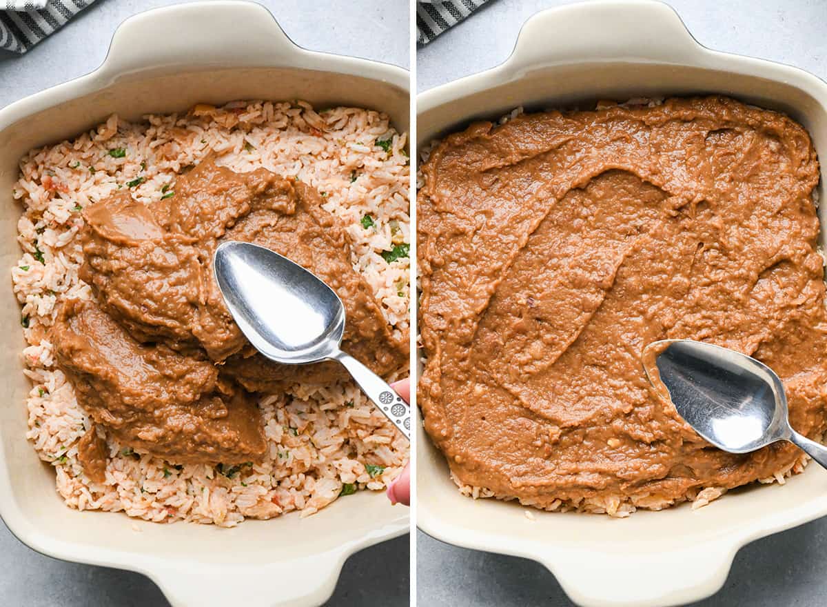 two photos showing assembling Mexican Casserole, spreading refried beans over rice