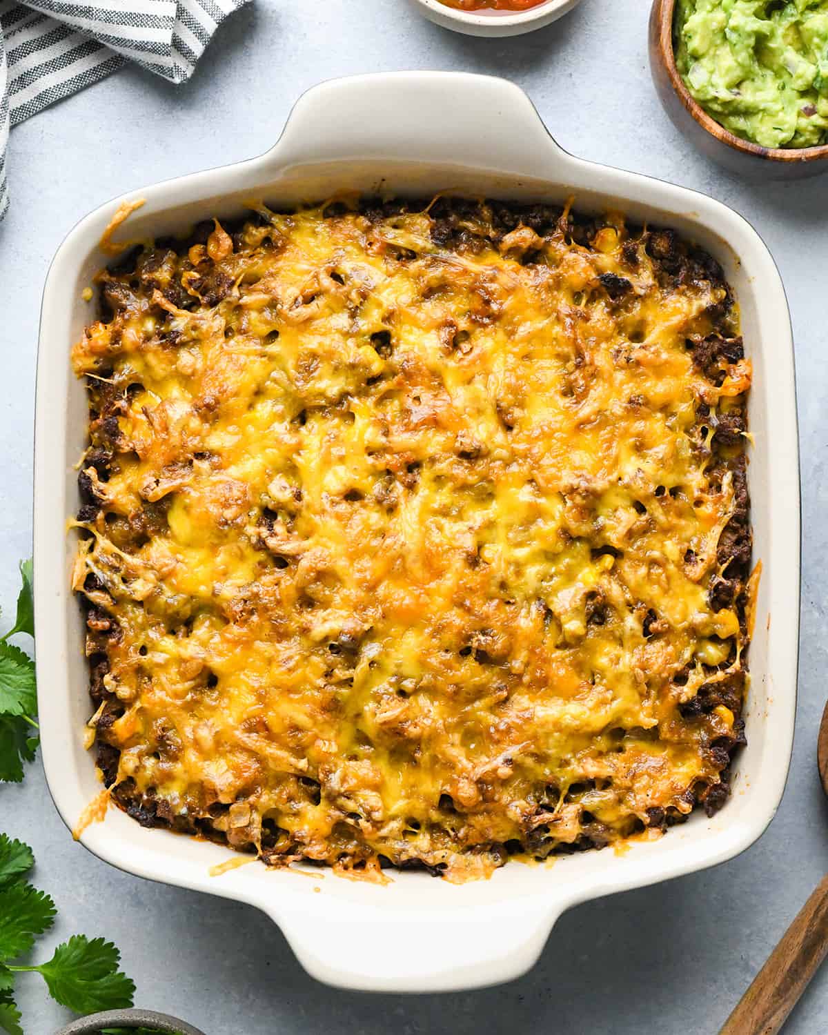Mexican Casserole in a baking dish after baking