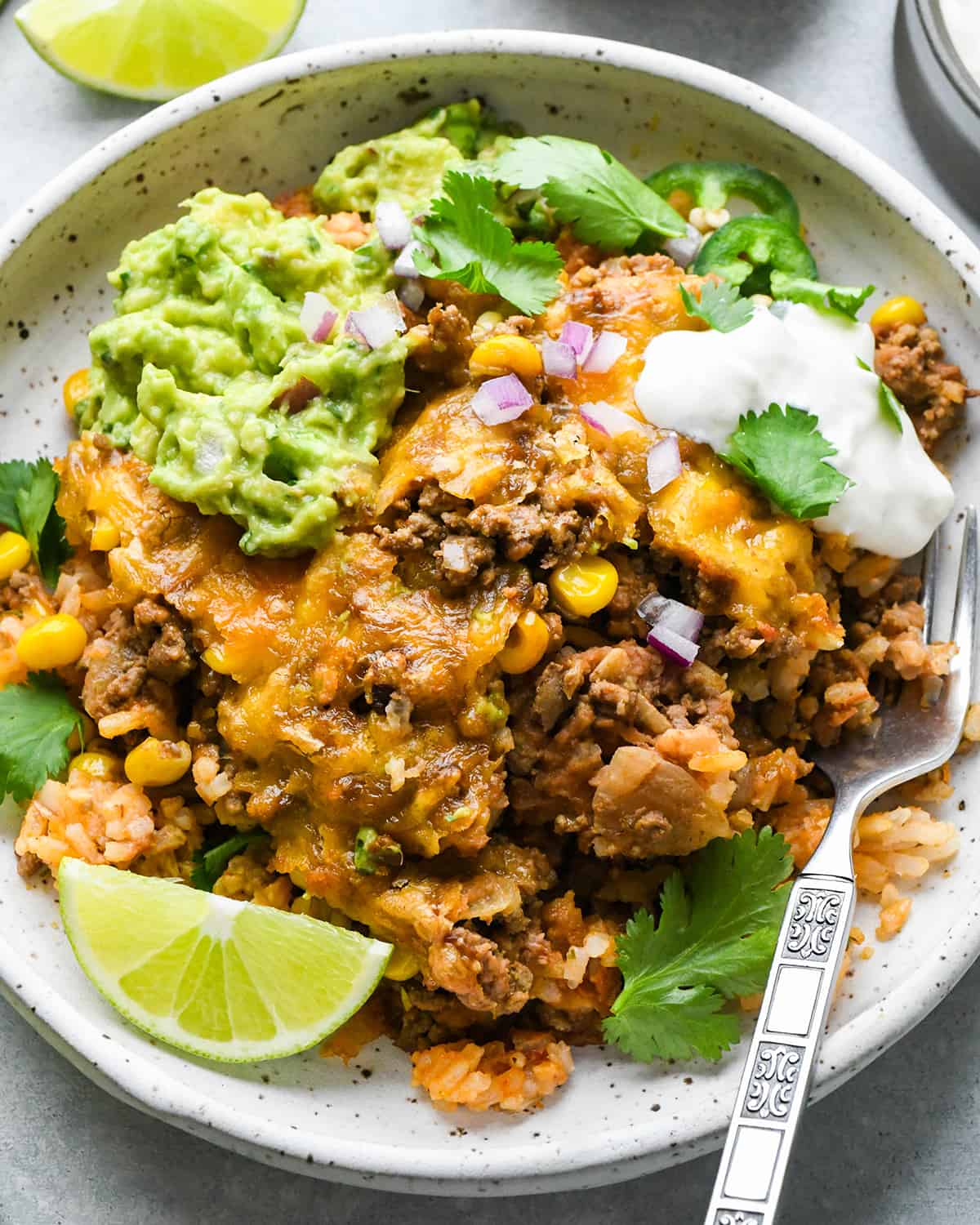 Mexican Casserole on a plate with a fork