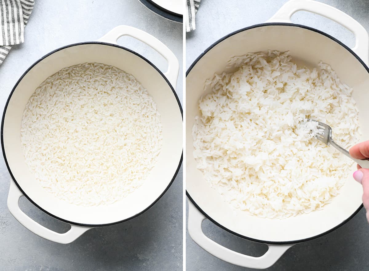 two photos showing cooking rice to make Mexican Casserole
