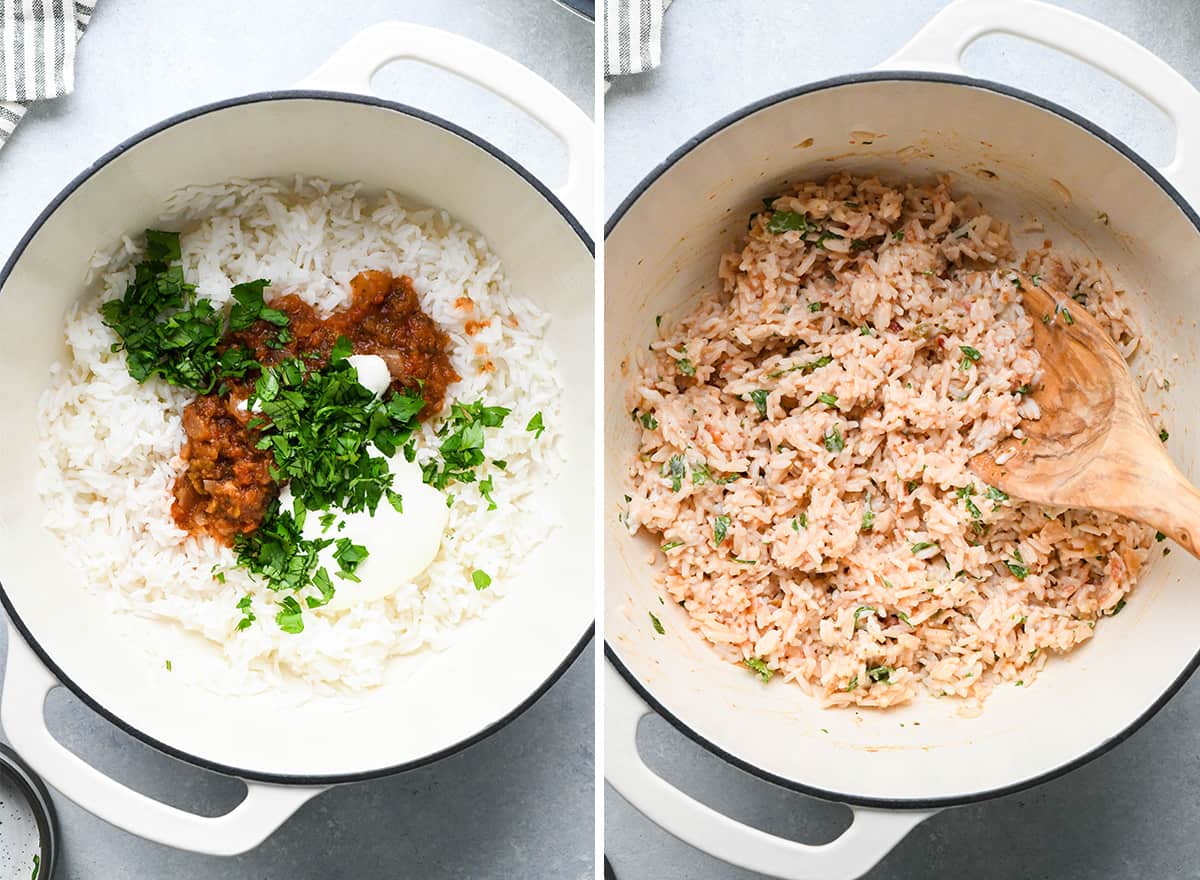 two photos showing adding salsa, cilantro and sour cream to the rice to make Mexican Casserole