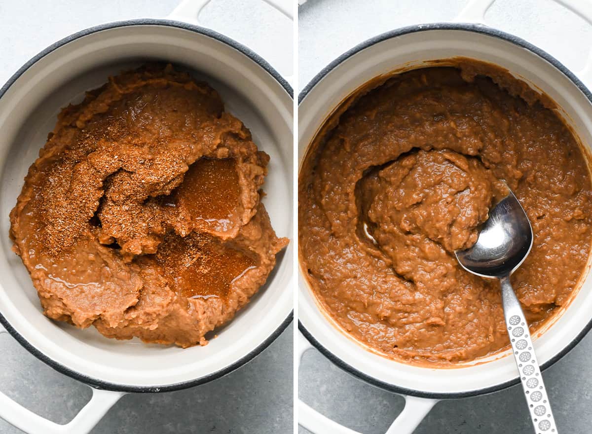 two photos showing making refried beans for Mexican Casserole