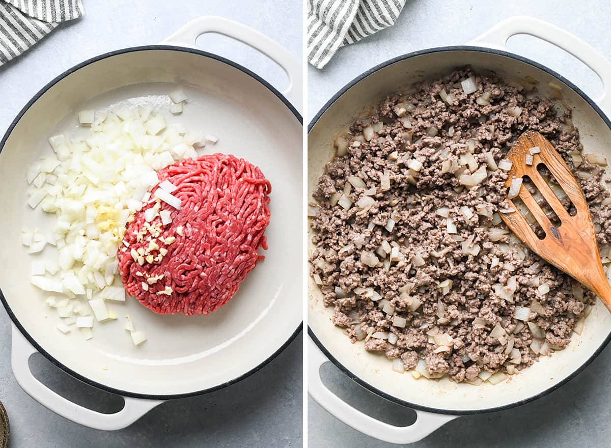 two photos showing adding taco seasoning to ground beef, onion and garlic for Mexican Casserole