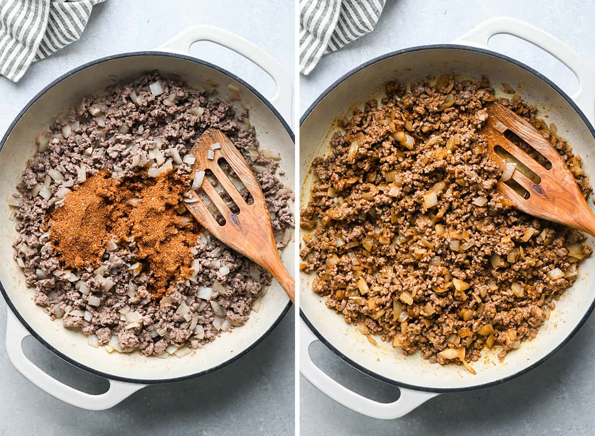 two photos showing cooking ground beef, onion and garlic for Mexican Casserole