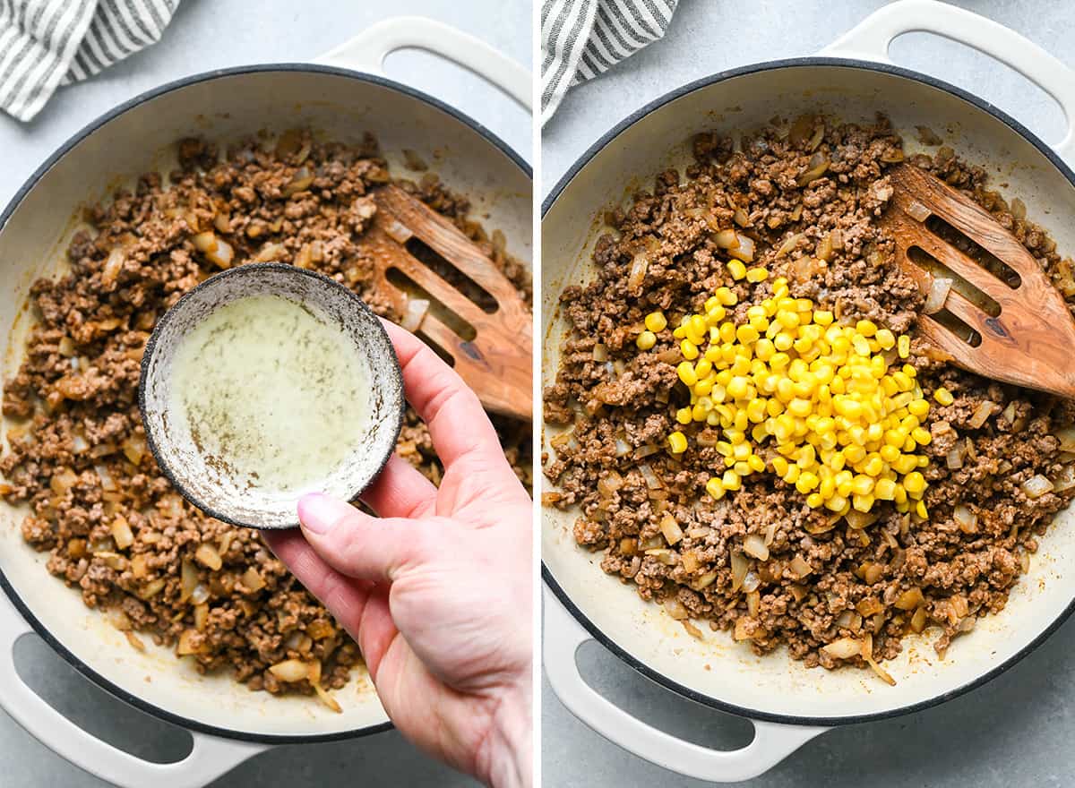two photos showing making the ground beef filling for Mexican Casserole