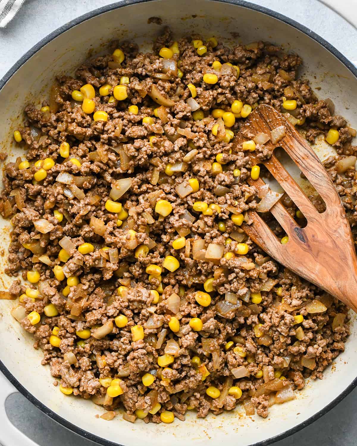 ground beef filling for Mexican Casserole in a skillet