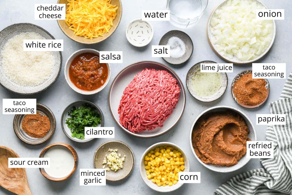 overhead photo of the labeled ingredients in this Mexican Casserole recipe