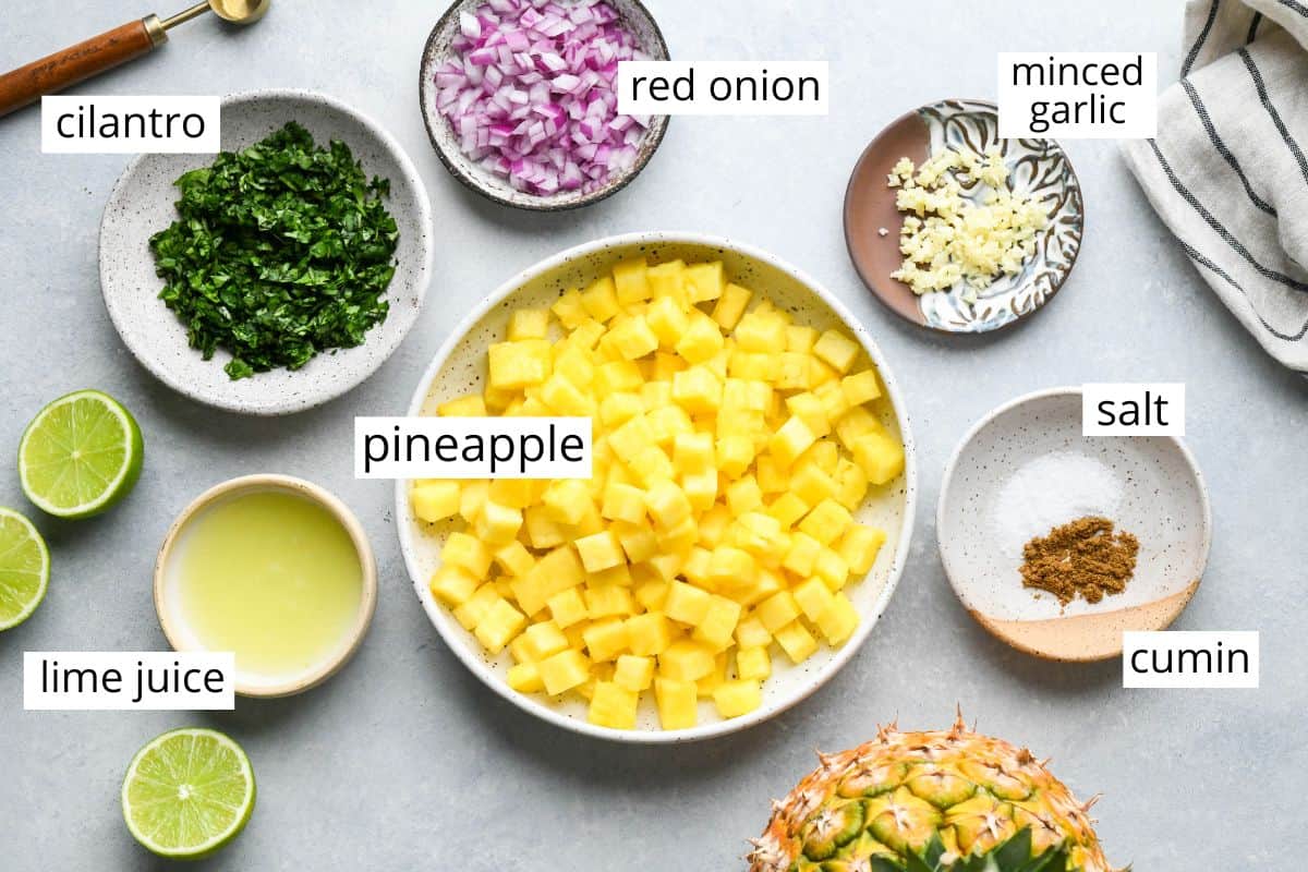 overhead photo of the labeled ingredients in this Pineapple Salsa recipe