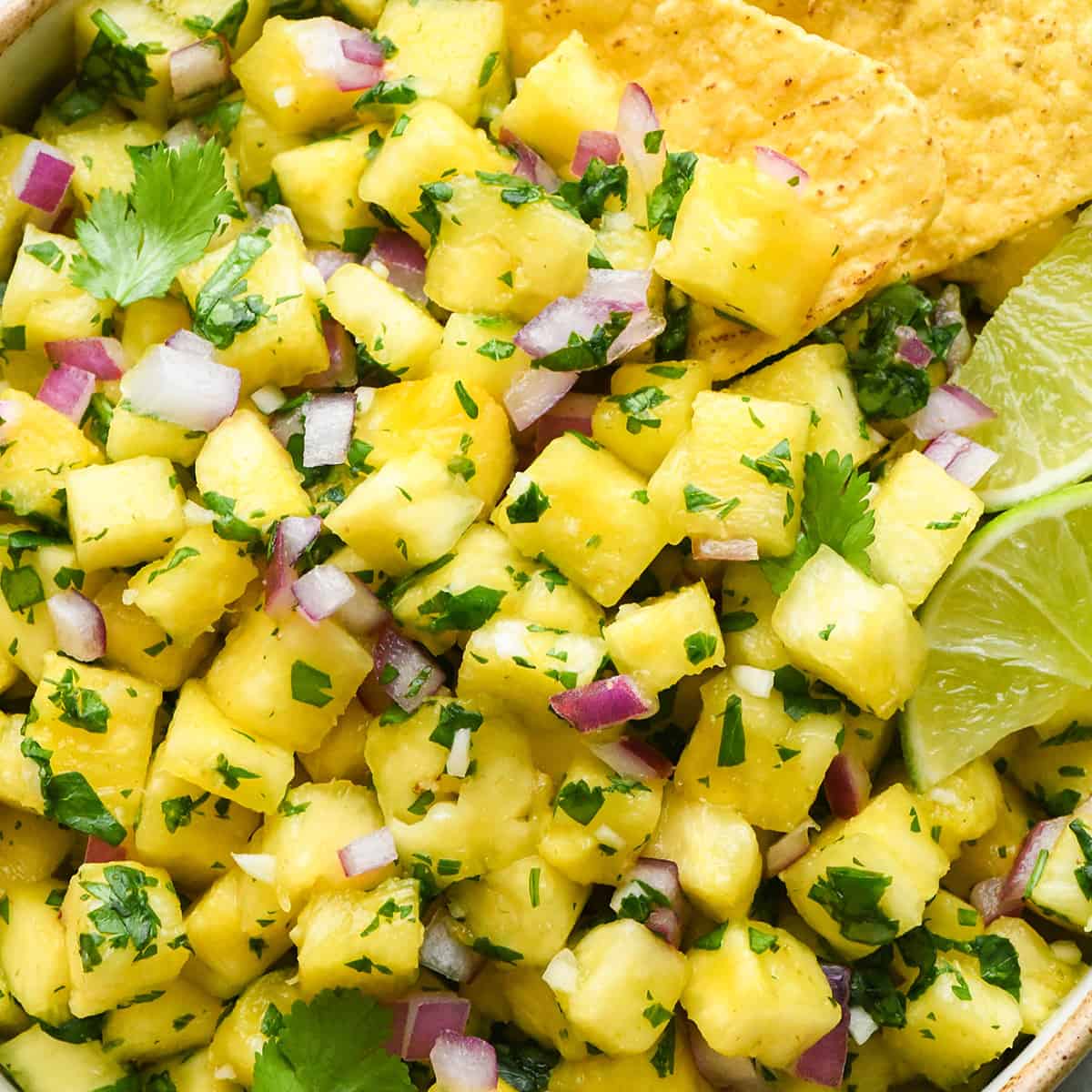 up close photo of Pineapple Salsa with chips