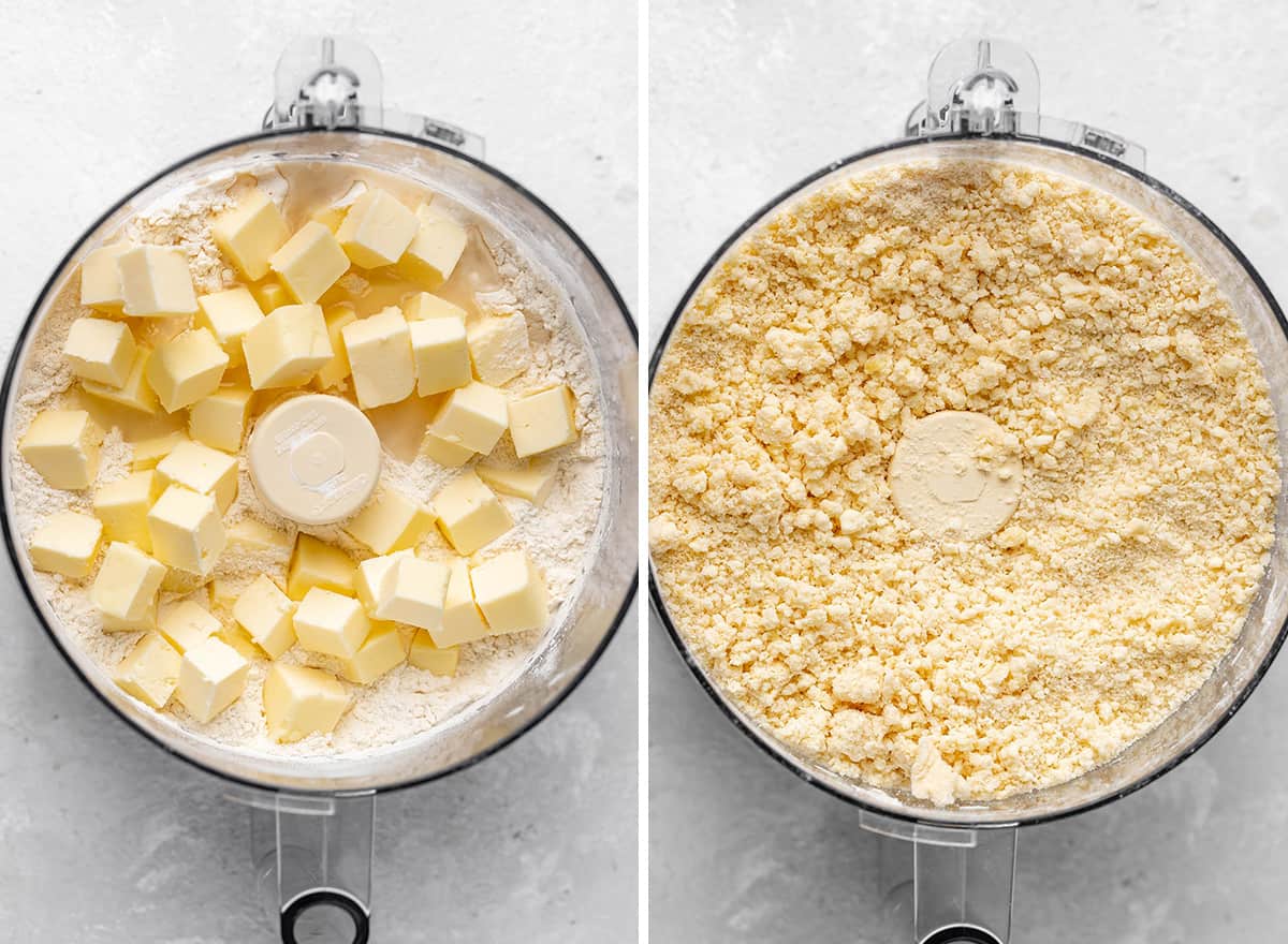 two photos showing how to make pie crust in a food processor for Raspberry Pie