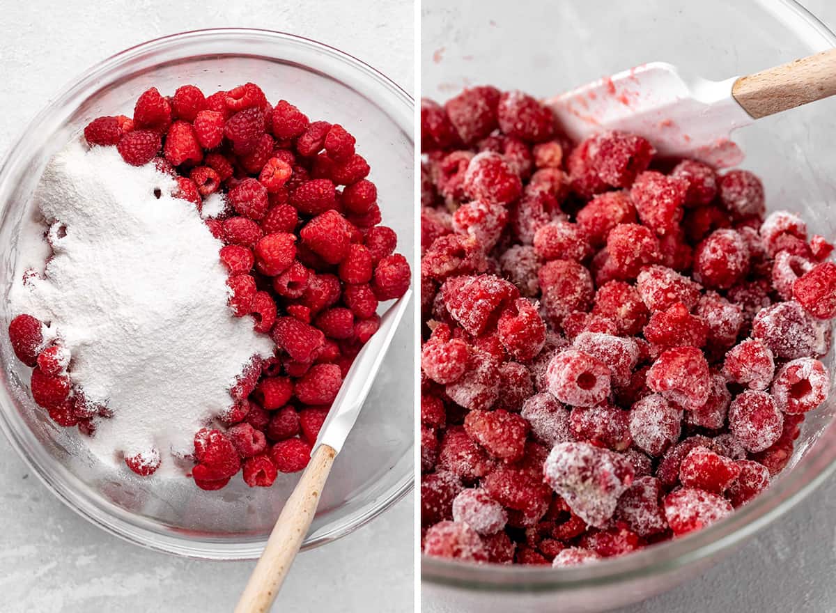 two photos showing how to make Raspberry Pie filling - combining dry ingredients and raspberries