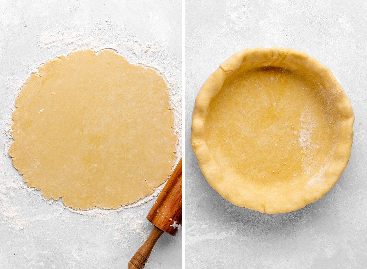 two photos showing rolling and shaping the crust for Raspberry Pie