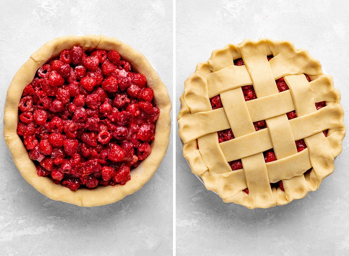two photos showing how to assemble Raspberry Pie with a lattice crust