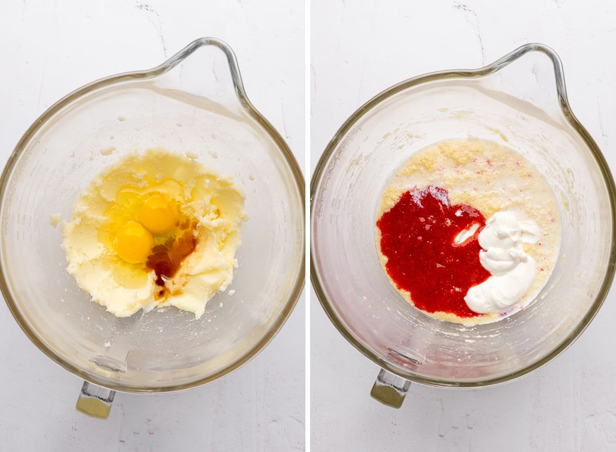 two photos showing how to make strawberry cupcakes - combining the wet ingredients