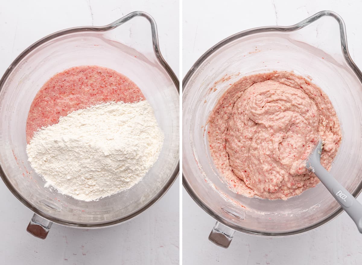 two photos showing how to make strawberry cupcakes - combining the wet and dry ingredients