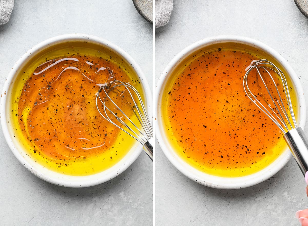 two photos showing how to make the dressing for this three bean salad recipe