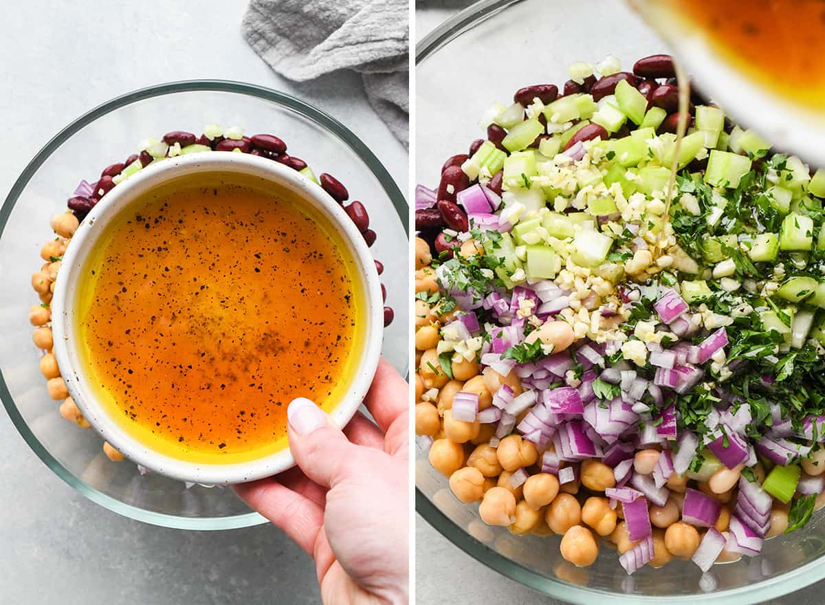 two photos showing adding the dressing to the three bean salad recipe