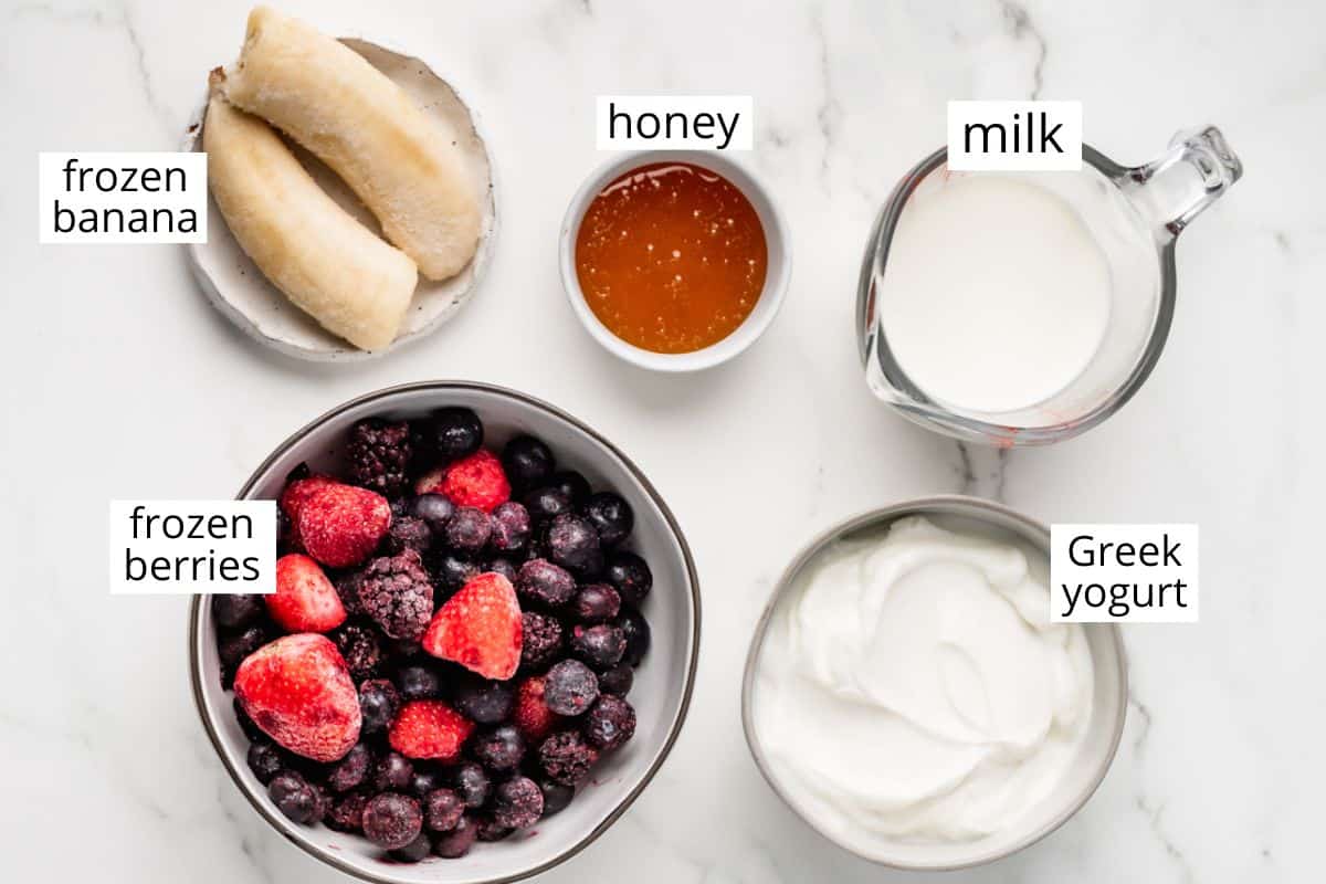 overhead photo of the labeled ingredients in this Greek Yogurt Smoothie recipe