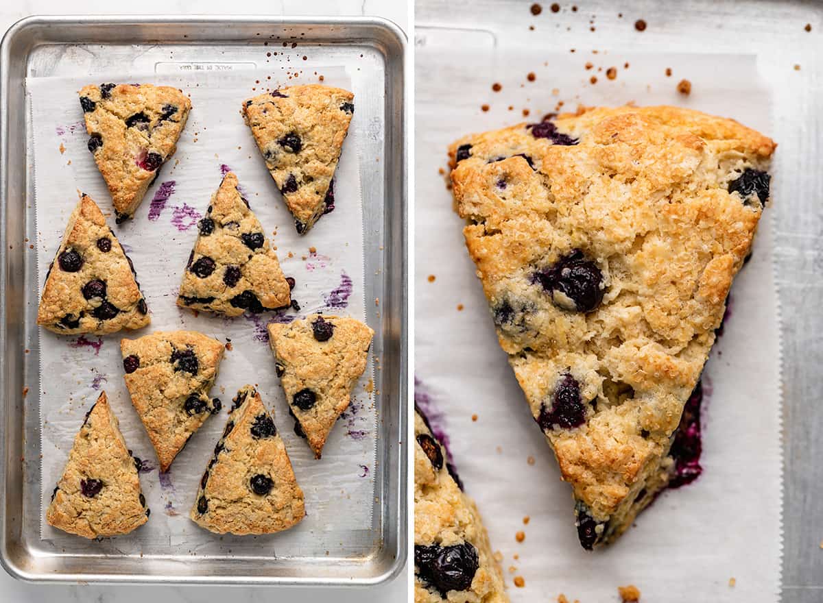 two photos showing blueberry scones after baking on a baking sheet
