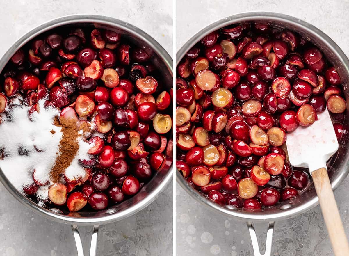two photos showing how to make cherry bars filling from scratch