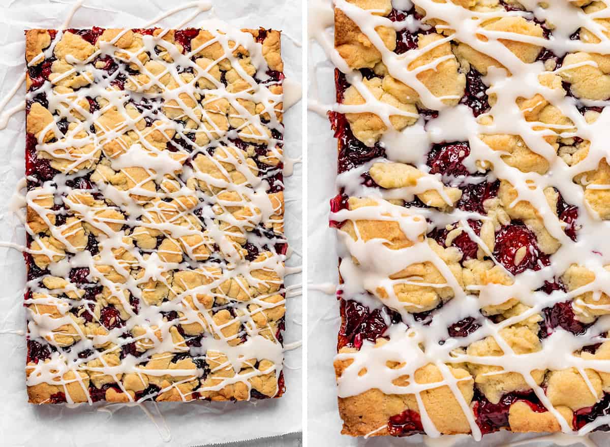 two photos showing glazing the cherry pie bars after cooling