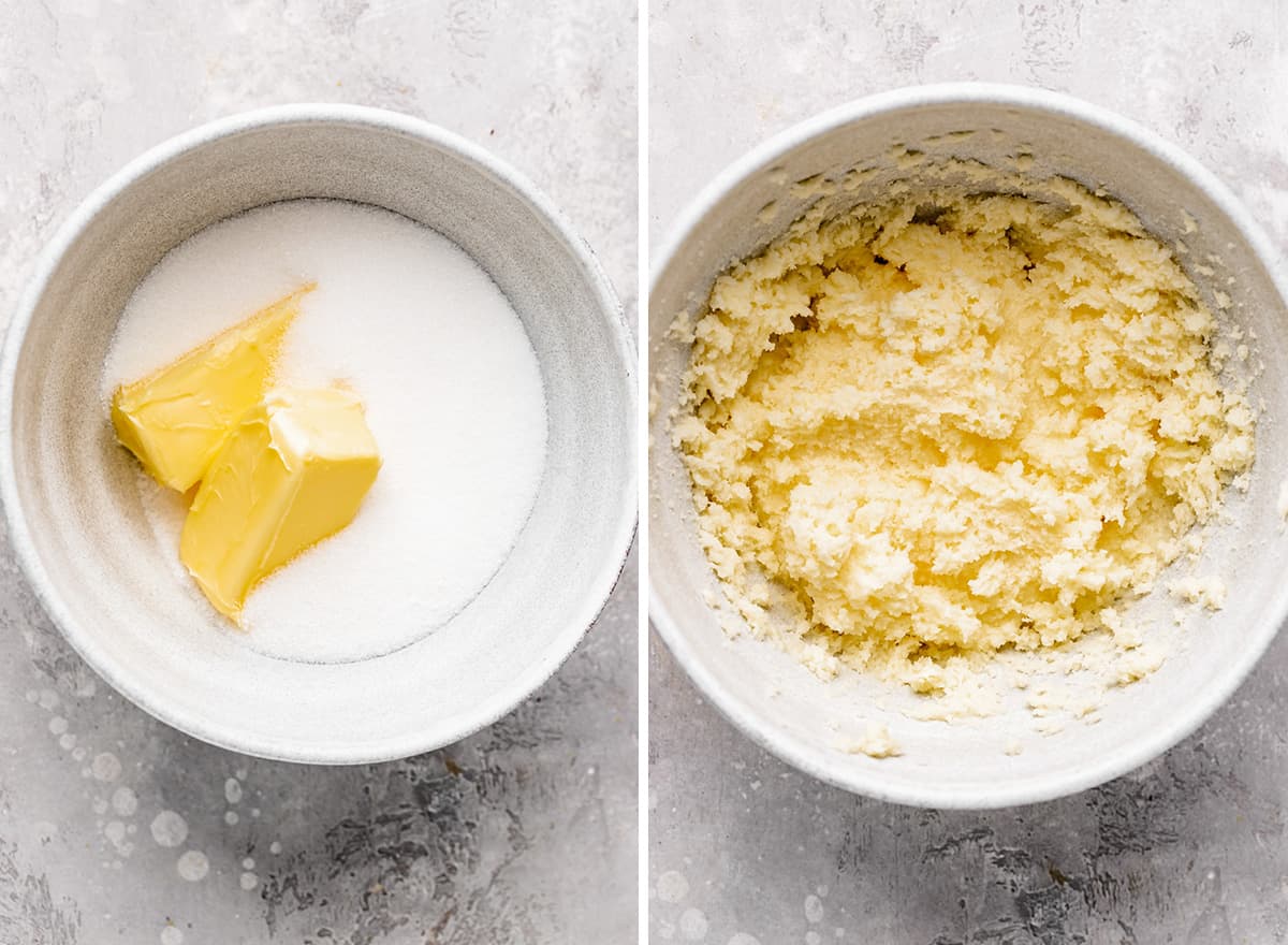 two photos showing how to make cherry bars - beating butter and sugar together