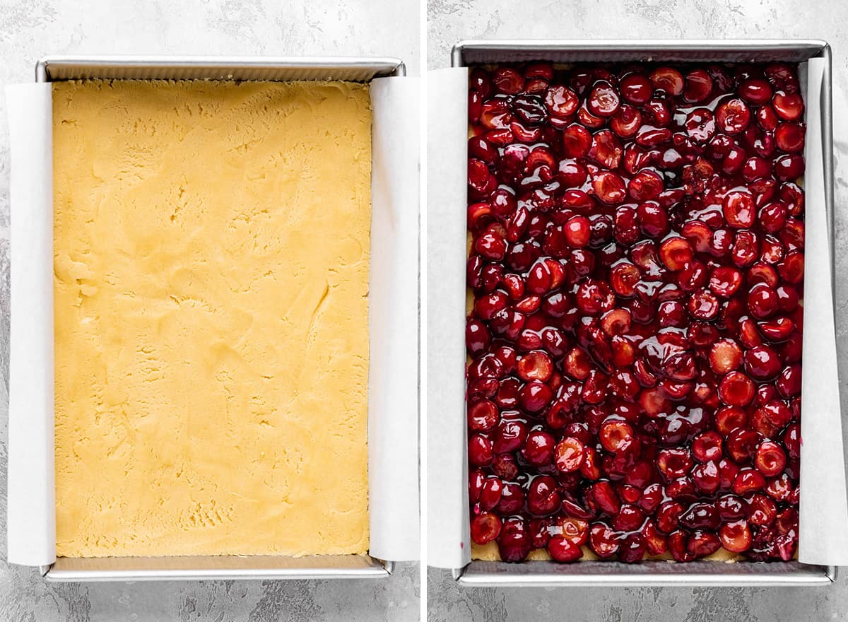two photos showing how to assemble this cherry bars recipe - bottom crust then cherry filling layer