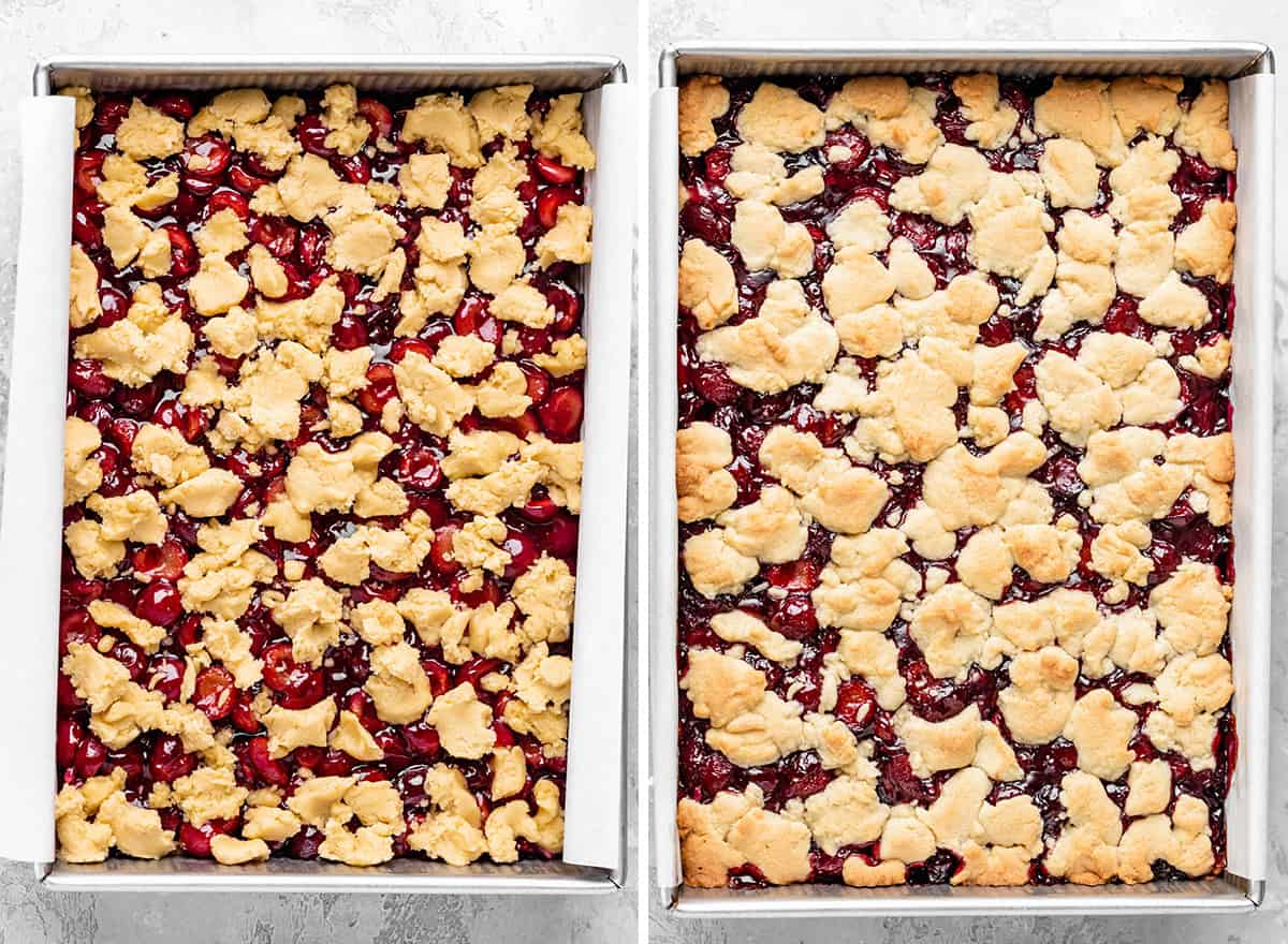 two photos showing assembled cherry bars recipe before and after baking