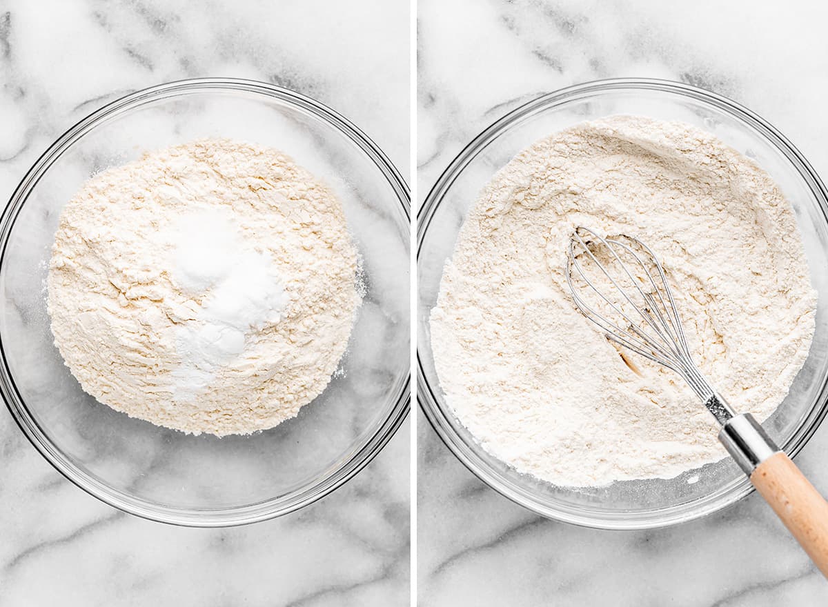 two photos showing how to make Coconut Chocolate Chip Cookies - mixing dry ingredients