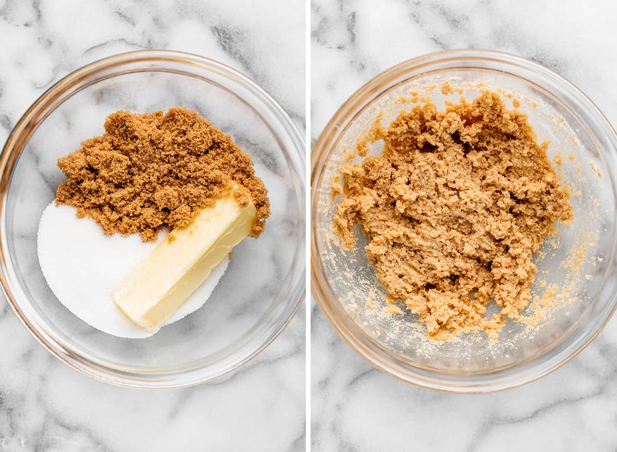 two photos showing how to make Coconut Chocolate Chip Cookies - beating butter and sugars together