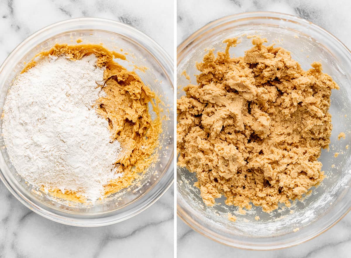 two photos showing how to make Coconut Chocolate Chip Cookies - combining wet and dry ingredients