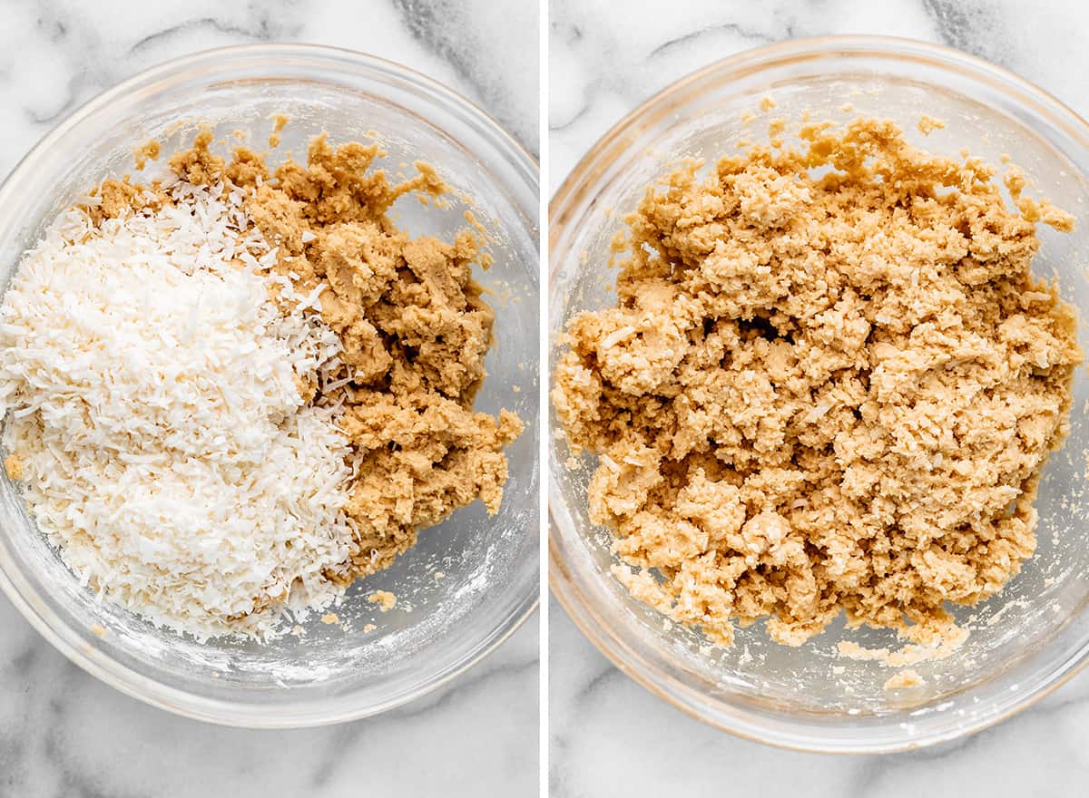 two photos showing how to make Coconut Chocolate Chip Cookies - adding coconut