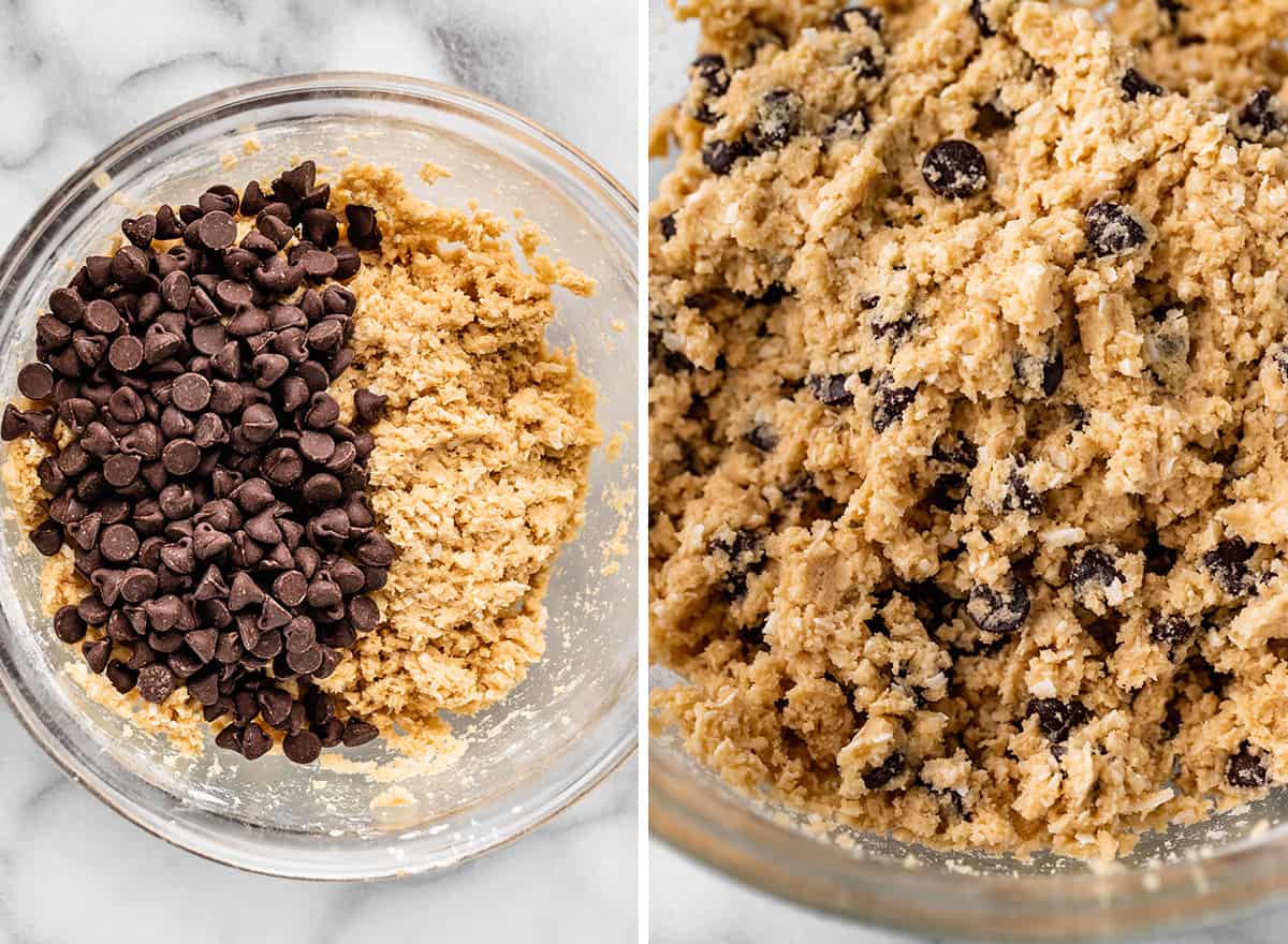 two photos showing how to make Coconut Chocolate Chip Cookies - adding chocolate chips