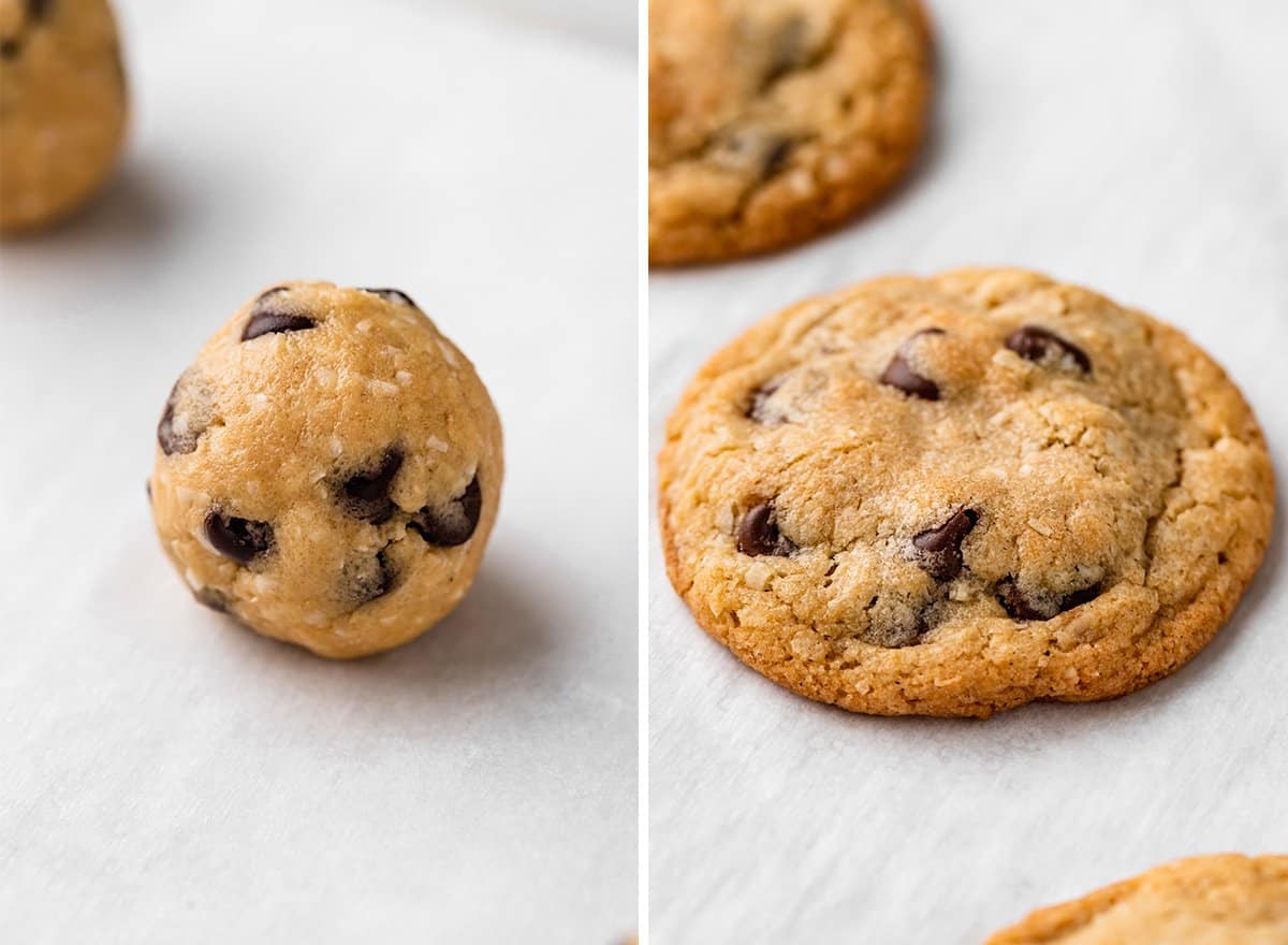 two photos showing Coconut Chocolate Chip Cookies before and after baking