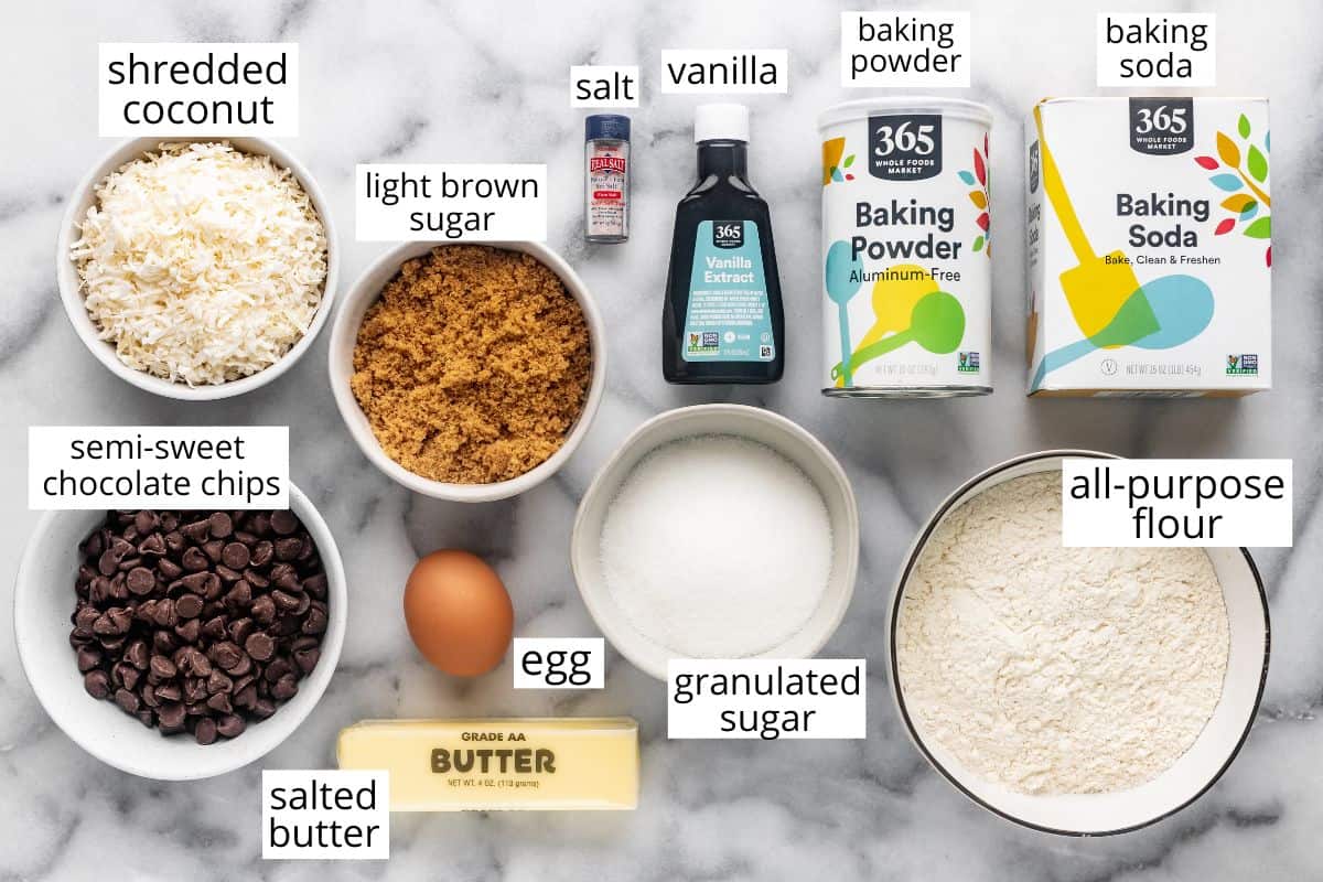 overhead photo of the ingredients in this Coconut Chocolate Chip Cookies recipe