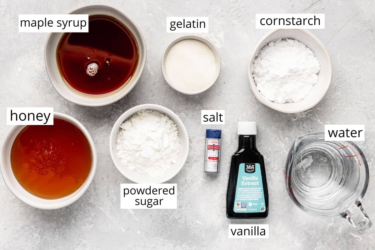 overhead photo of the labeled ingredients in this Homemade Marshmallows recipe