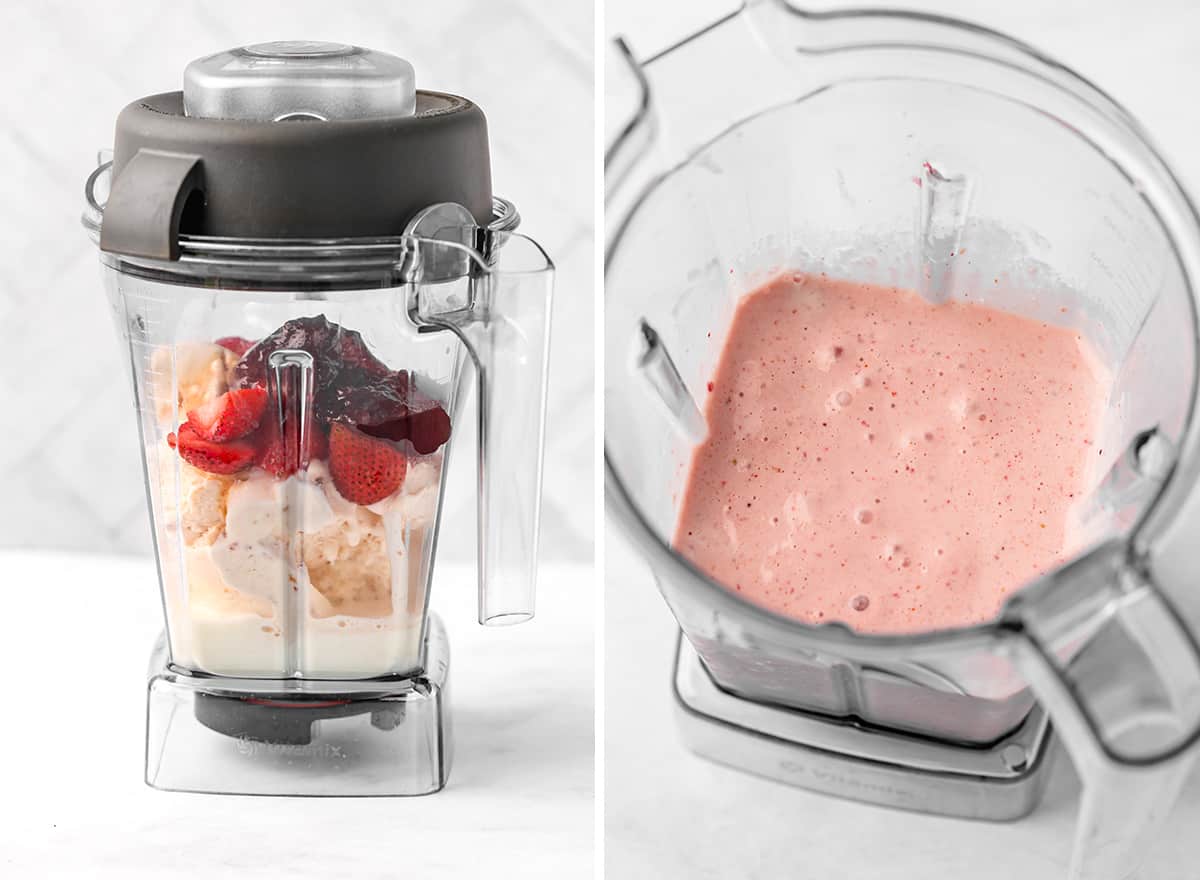two photos showing how to make a Strawberry Milkshake before and after blending