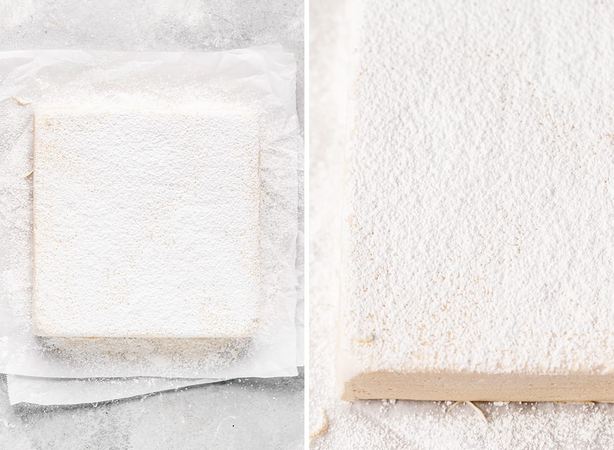 two photos showing How to Make Marshmallows - dusting with powdered sugar/cornstarch mixture