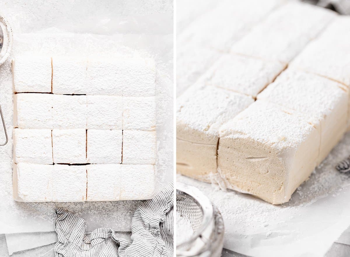 two photos showing cutting homemade marshmallow recipe into squares