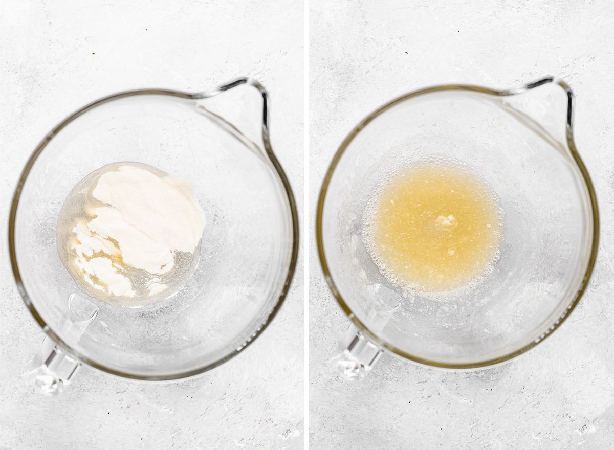 two photos showing How to Make Marshmallows - blooming the gelatin
