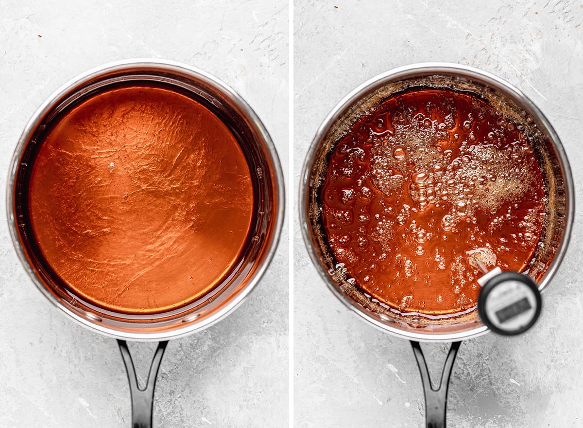 two photos showing How to Make Marshmallows - cooking sweetener and water in a saucepan