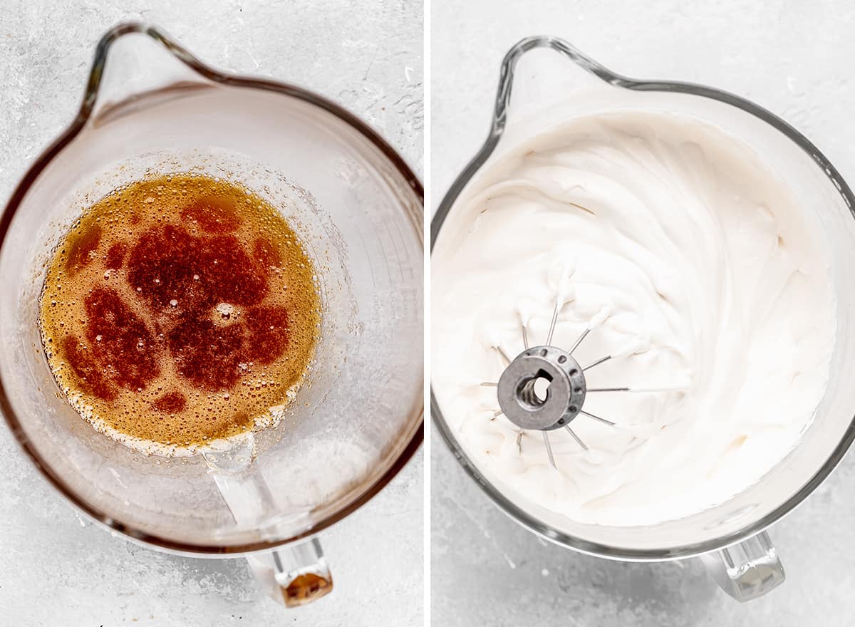 two photos showing How to Make Marshmallows - beating ingredients until fluffy