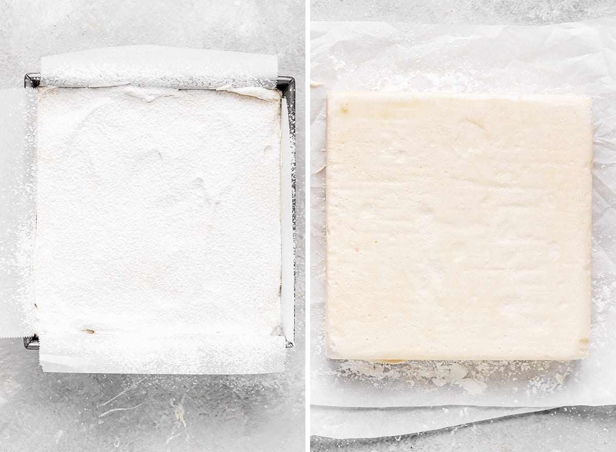 two photos showing How to Make Marshmallows - removing from pan